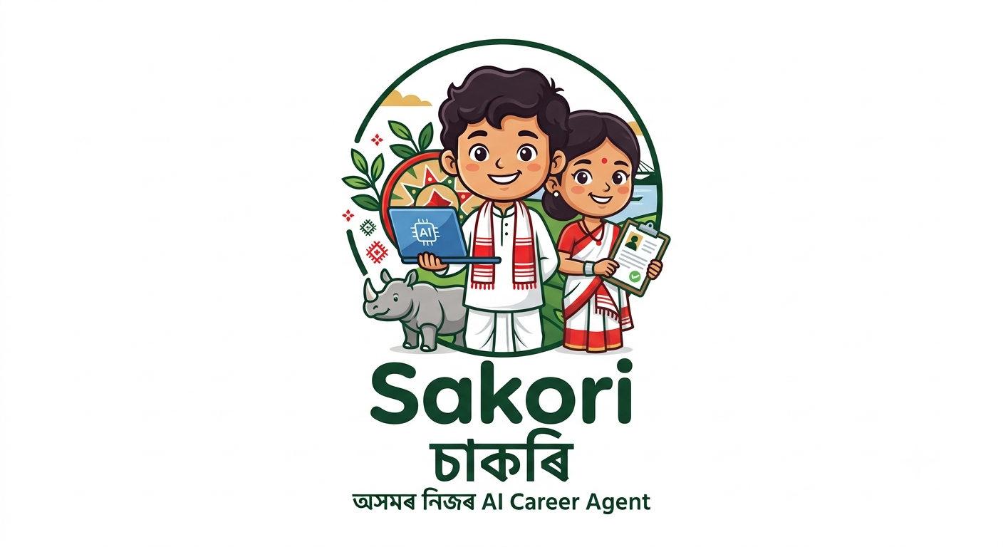 Sakori — Assam’s AI Job Finder. Two young people in Assamese dress with a laptop and resume, rhino and jaapi in the background.